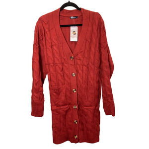 NWT Fashion Long Button-up Rust Colored Sweater Cardigan Knit Large